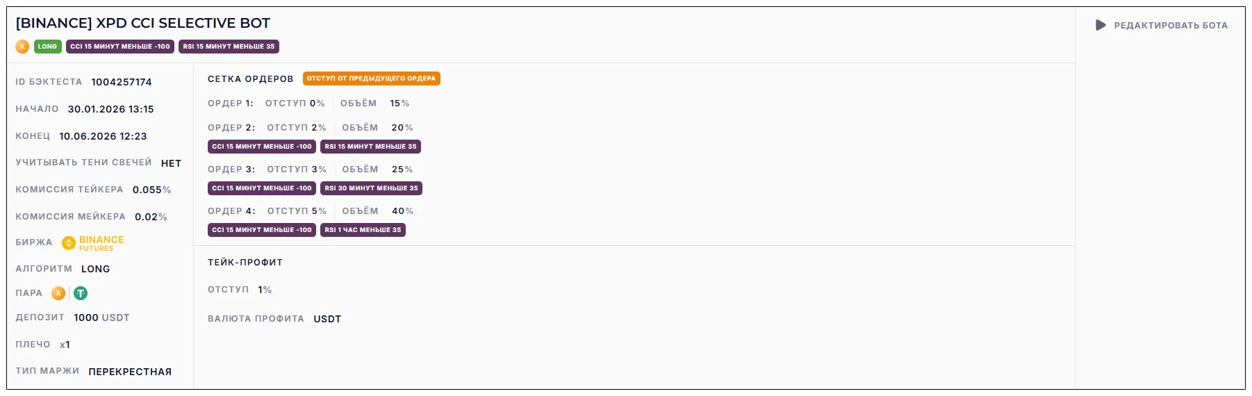 Настройки бота [BINANCE] XPD CCI SELECTIVE BOT