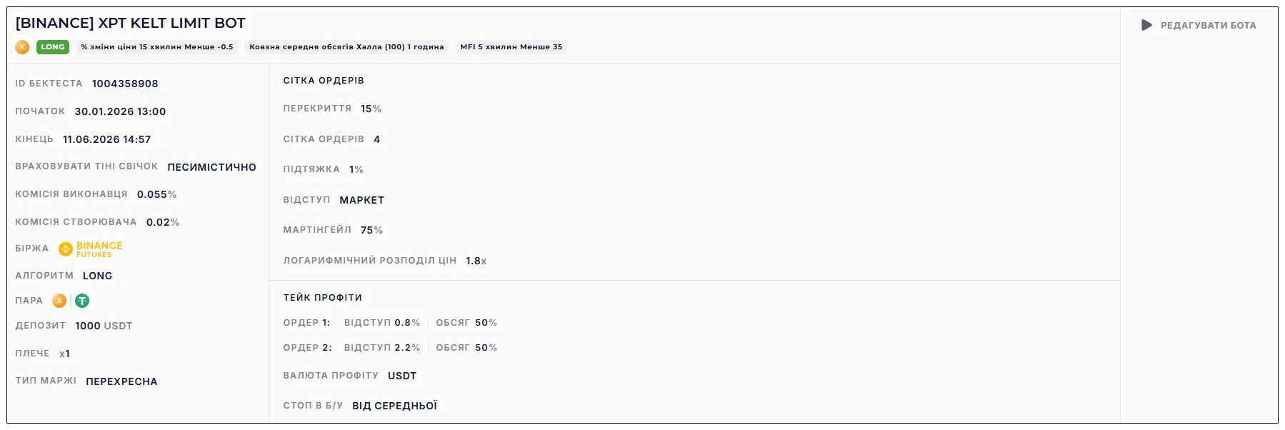 Налаштування бота [Binance] XPT Kelt Limit Bot