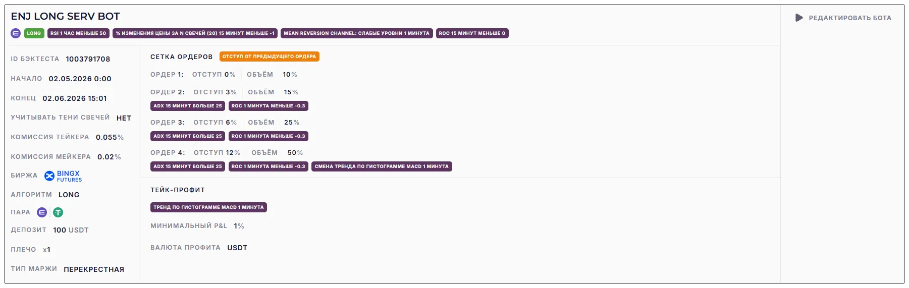 Настройки бота ENJ LONG SERV BOT