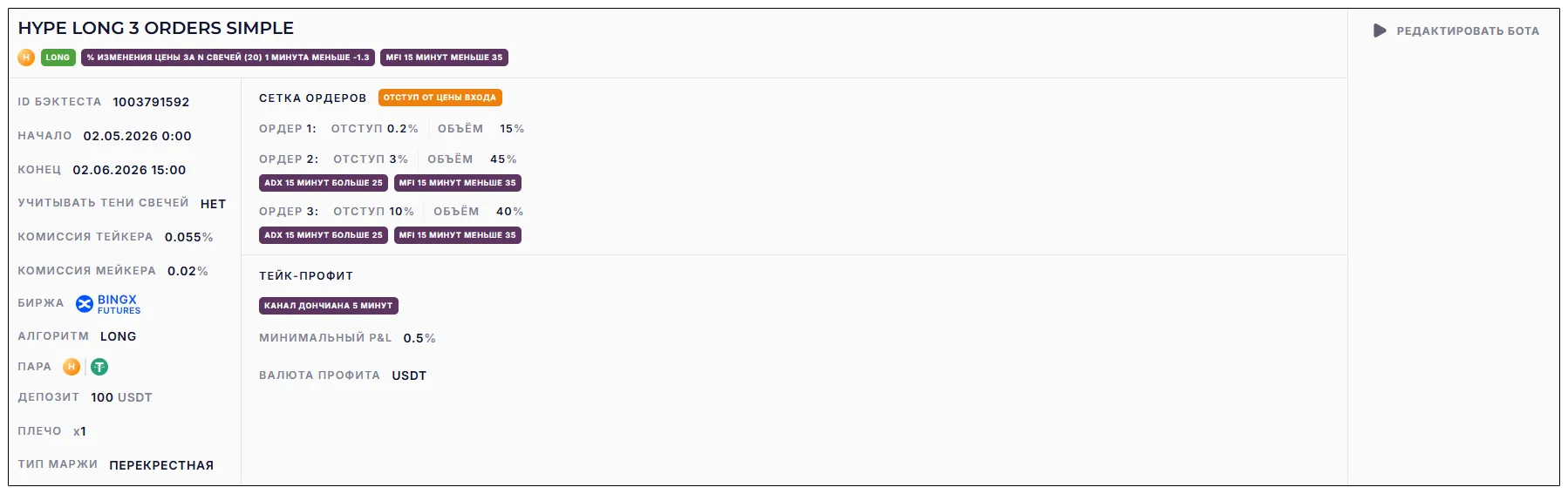 Настройки бота HYPE LONG 3 ORDERS SIMPLE