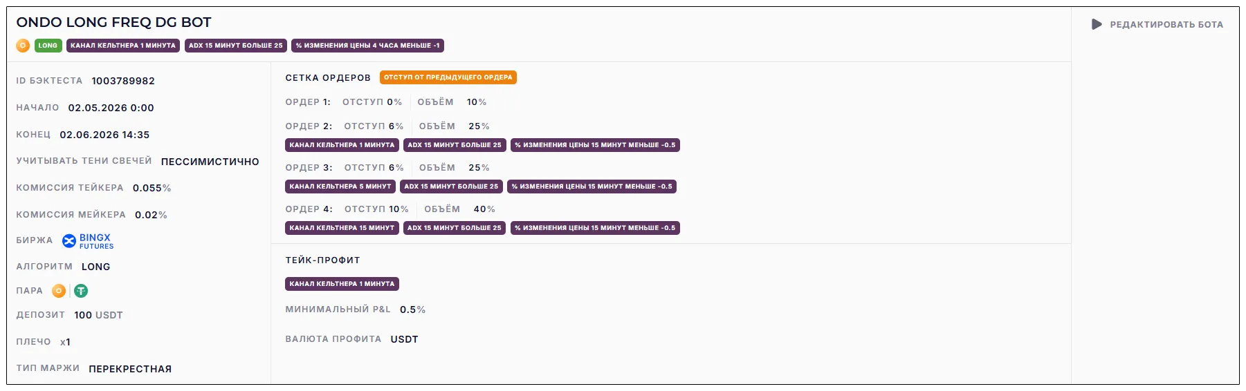 Настройки бота ONDO LONG FREQ DG BOT